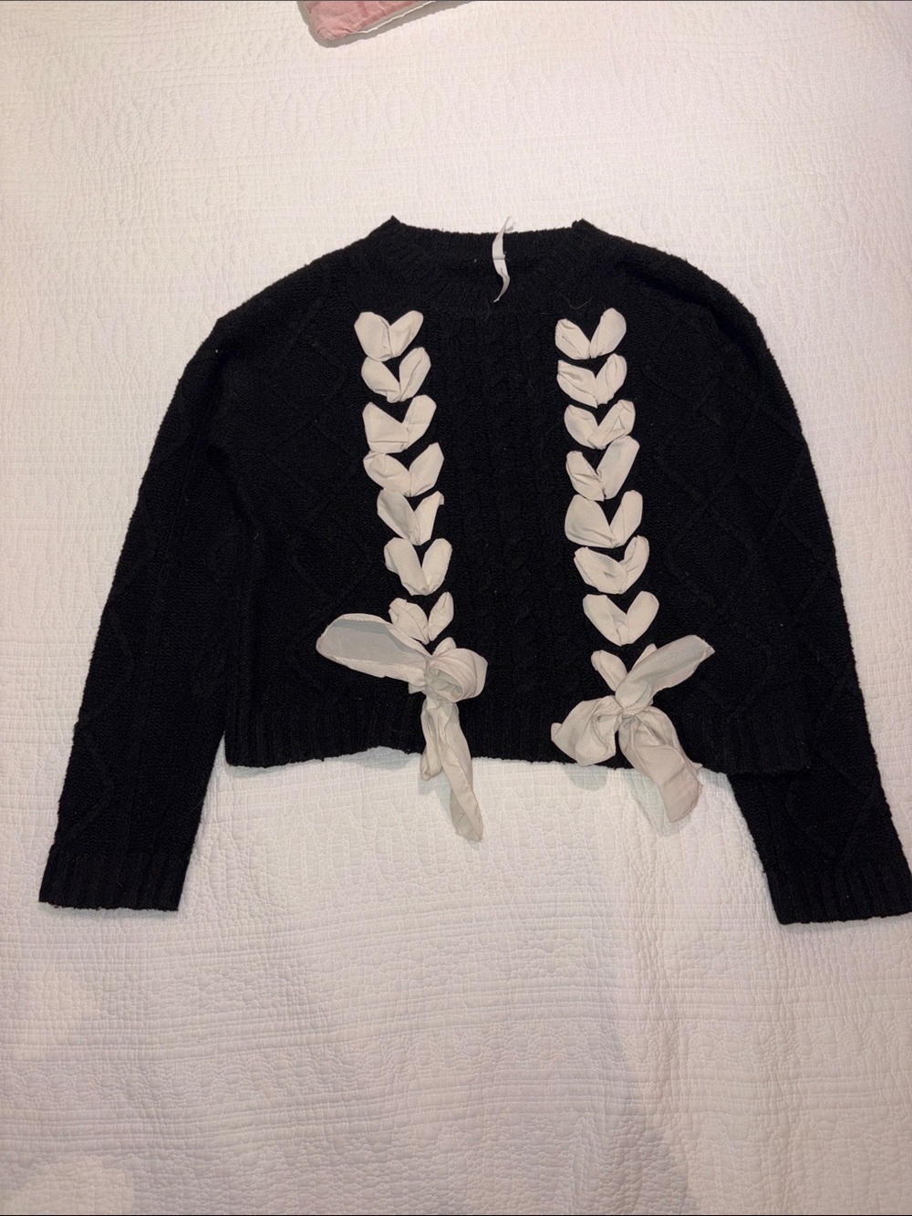 Dreamers Black Cropped Knit Sweater with Cream Ribbon Braids